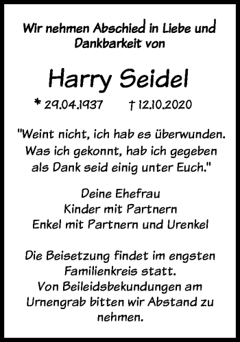 Traueranzeige von Harry Seidel von Märkische Oderzeitung