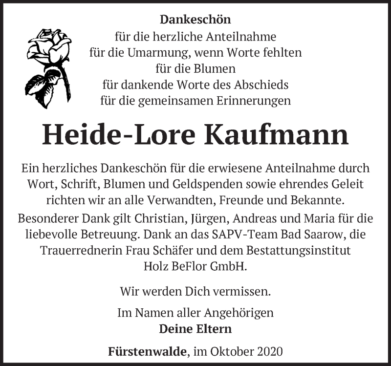  Traueranzeige für Heide-Lore Kaufmann vom 11.10.2020 aus Märkische Oderzeitung