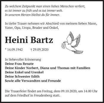 Traueranzeige von Heini Bartz von Märkische Oderzeitung