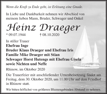 Traueranzeige von Heinz Draeger von Märkische Oderzeitung