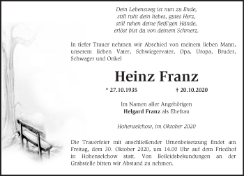 Traueranzeige von Heinz Franz von Märkische Oderzeitung