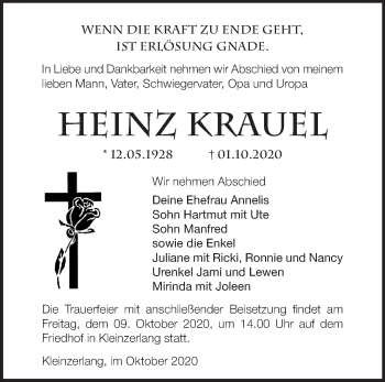 Traueranzeige von Heinz Krauel von Märkische Oderzeitung