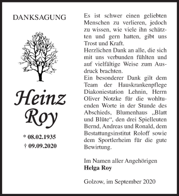 Traueranzeige von Heinz Roy von Märkische Oderzeitung