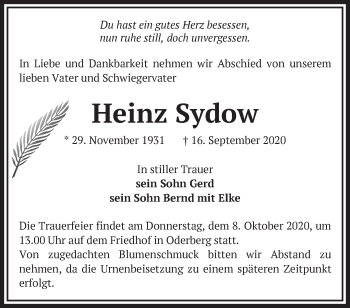 Traueranzeige von Heinz Sydow von Märkische Oderzeitung