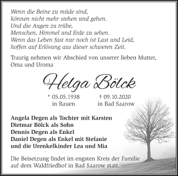 Traueranzeige von Helga Bölck von Märkische Oderzeitung