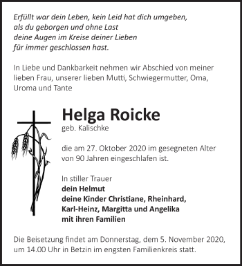 Traueranzeige von Helga Roicke von Märkische Oderzeitung