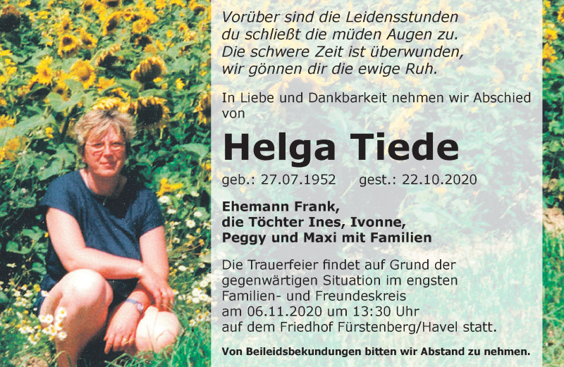  Traueranzeige für Helga Tiede vom 30.10.2020 aus Märkische Oderzeitung