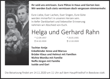 Traueranzeige von Helga und Gerhard Rahn von Märkische Oderzeitung