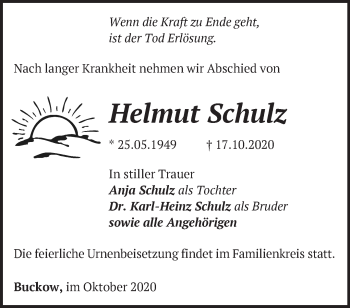 Traueranzeige von Helmut Schulz von Märkische Oderzeitung