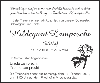 Traueranzeige von Hildegard Lamprecht von Märkische Oderzeitung