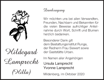 Traueranzeige von Hildegard Lamprecht von Märkische Oderzeitung