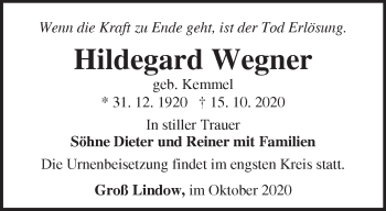 Traueranzeige von Hildegard Wegner von Märkische Oderzeitung