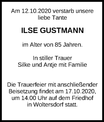 Traueranzeige von Ilse Gustmann von Märkische Oderzeitung