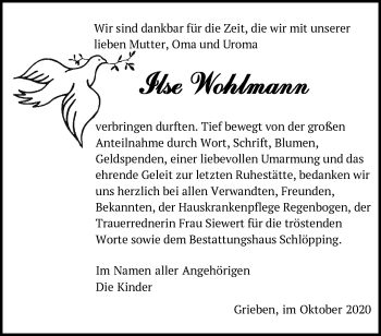 Traueranzeige von Ilse Wohlmann von Märkische Oderzeitung