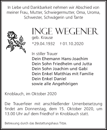 Traueranzeige von Inge Wegener von Märkische Oderzeitung