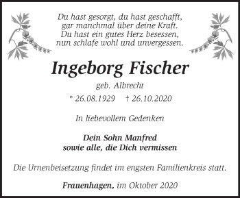 Traueranzeige von Ingeborg Fischer von Märkische Oderzeitung