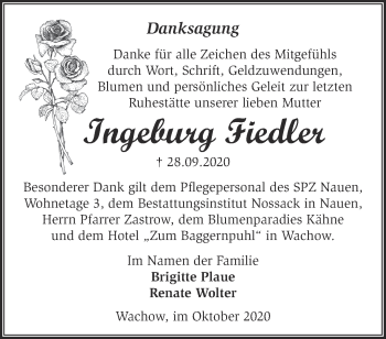 Traueranzeige von Ingeburg Fiedler von Märkische Oderzeitung