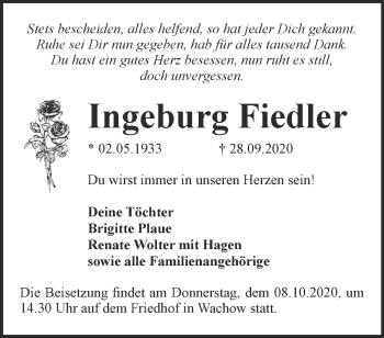 Traueranzeige von Ingeburg Fiedler von Märkische Oderzeitung