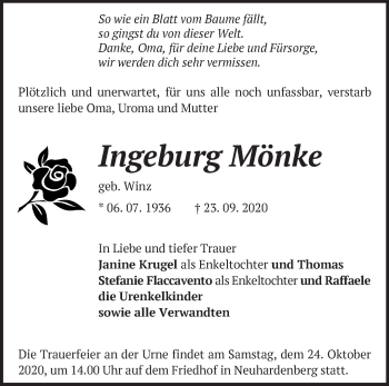 Traueranzeige von Ingeburg Mönke von Märkische Oderzeitung