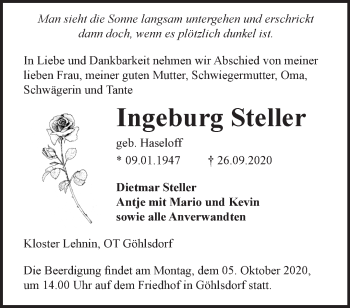 Traueranzeige von Ingeburg Steller von Märkische Oderzeitung