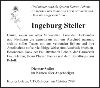 Traueranzeige von Ingeburg Steller von Märkische Oderzeitung