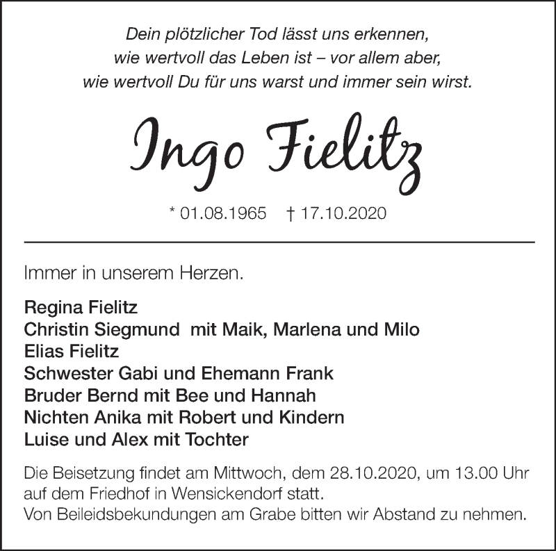  Traueranzeige für Ingo Fielitz vom 24.10.2020 aus Märkische Oderzeitung