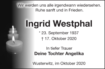 Traueranzeige von Ingrid Westphal von Märkische Oderzeitung