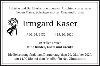 Traueranzeige von Irmgard Kaser von Märkische Oderzeitung