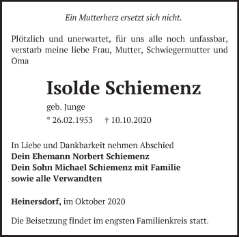 Traueranzeige von Isolde Schiemenz von Märkische Oderzeitung