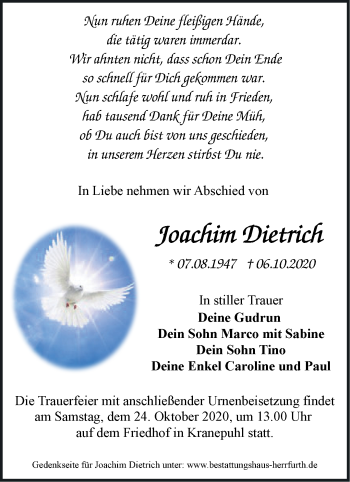 Traueranzeige von Joachim Dietrich von Märkische Oderzeitung