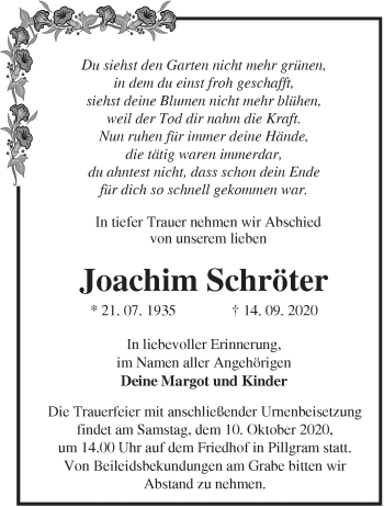 Traueranzeige von Joachim Schröter von Märkische Oderzeitung