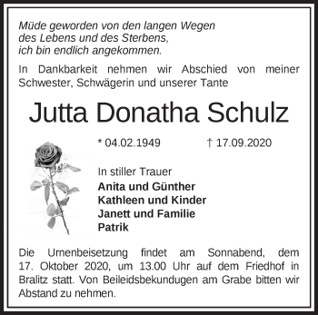 Traueranzeige von Jutta Donatha Schulz von Märkische Oderzeitung