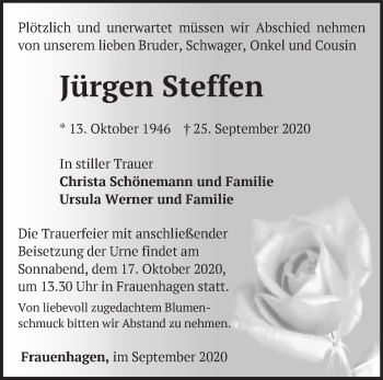 Traueranzeige von Jürgen Steffen von Märkische Oderzeitung