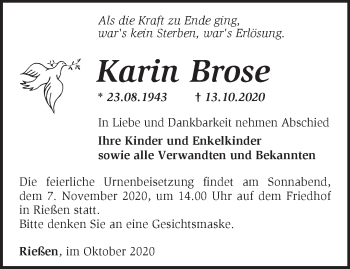 Traueranzeige von Karin Brose von Märkische Oderzeitung