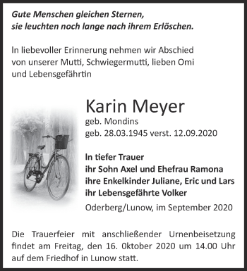 Traueranzeige von Karin Meyer von Märkische Oderzeitung