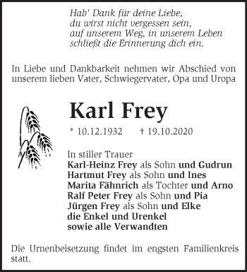 Traueranzeige von Karl Frey von Märkische Oderzeitung