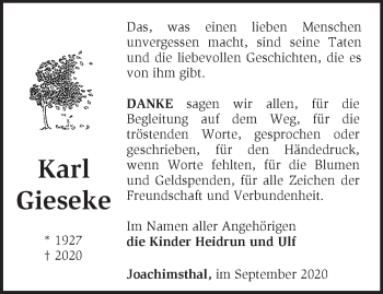 Traueranzeige von Karl Gieseke von Märkische Oderzeitung