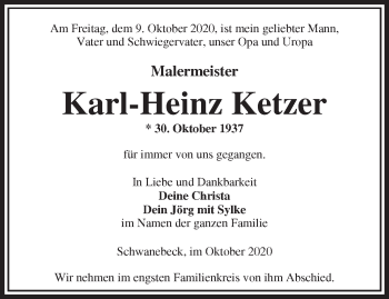 Traueranzeige von Karl-Heinz Ketzer von Märkische Oderzeitung