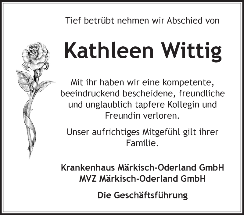  Traueranzeige für Kathleen Wittig vom 24.10.2020 aus Märkische Oderzeitung