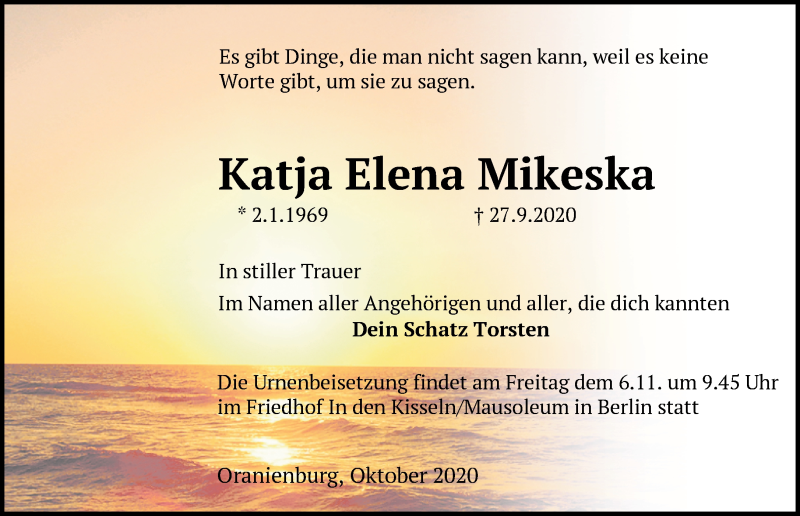  Traueranzeige für Katja Elena Mikeska vom 20.10.2020 aus Märkische Oderzeitung