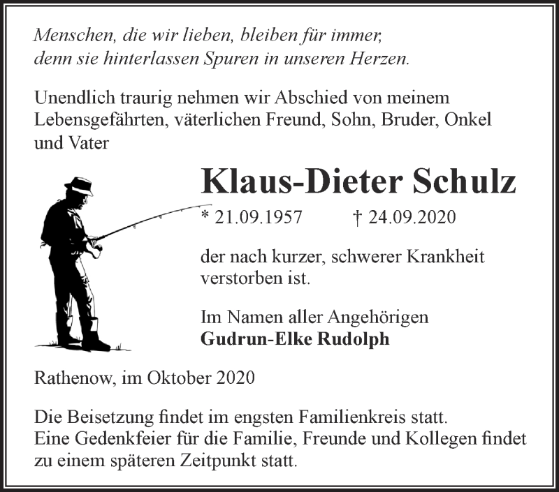  Traueranzeige für Klaus-Dieter Schulz vom 04.10.2020 aus Märkische Oderzeitung