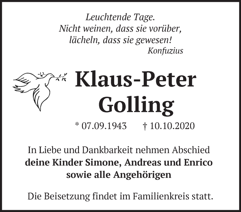  Traueranzeige für Klaus-Peter Golling vom 17.10.2020 aus Märkische Oderzeitung