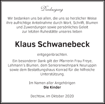 Traueranzeige von Klaus Schwanebeck von Märkische Oderzeitung