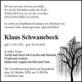 Traueranzeige von Klaus Schwanebeck von Märkische Oderzeitung