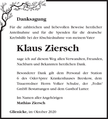 Traueranzeige von Klaus Ziersch von Märkische Oderzeitung