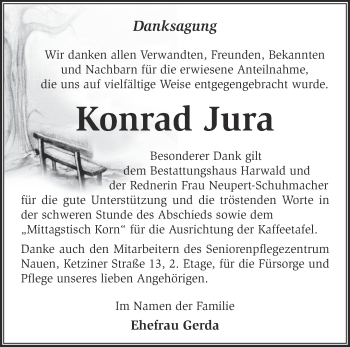 Traueranzeige von Konrad Jura von Märkische Oderzeitung