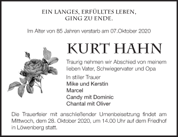 Traueranzeige von Kurt Hahn von Märkische Oderzeitung