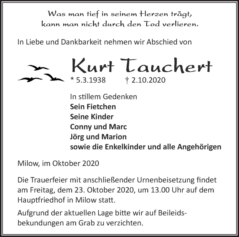  Traueranzeige für Kurt Tauchert vom 18.10.2020 aus Märkische Oderzeitung
