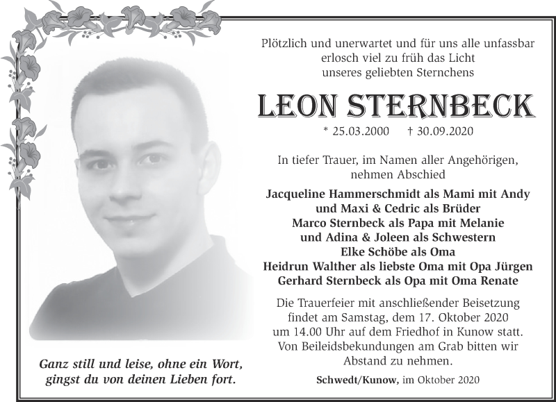 Traueranzeige für Leon Sternbeck vom 11.10.2020 aus Märkische Oderzeitung