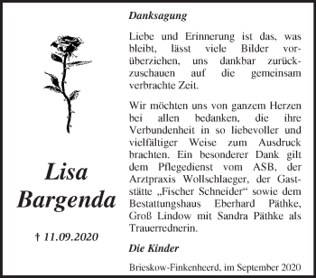 Traueranzeige von Lisa Bargenda von Märkische Oderzeitung